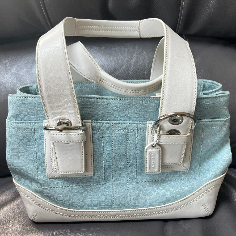 Coach F10927 Soho Signature Sky Blue Canvas/White Leather Small Tote